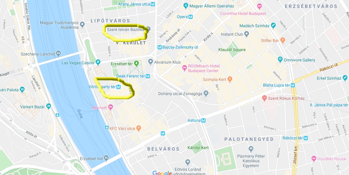 Et kart som viser beliggenheten til de to store julemarkedene i Budapest